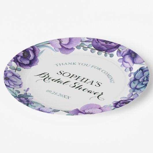 シックパープルウォーターカラーフローラブライダルシャワー ペーパープレート (アングル)