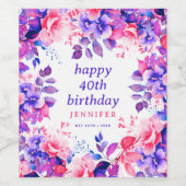 シックパープルウォーターカラーフローラ40ハッピーバースデー ワインラベル (シングルラベル)