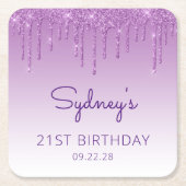 シックパープルグリッタードリップ21st誕生日パーティー スクエアペーパーコースター (正面)