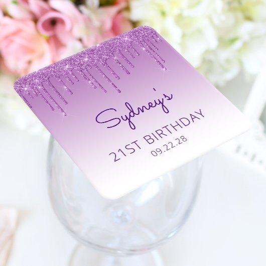 シックパープルグリッタードリップ21st誕生日パーティー スクエアペーパーコースター