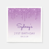 シックパープルグリッタードリップ21st誕生日パーティー スタンダードカクテルナプキン (正面)