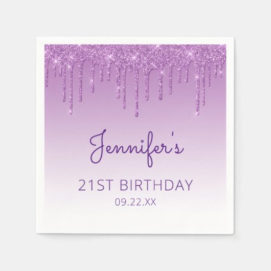 シックパープルグリッタードリップ21st誕生日パーティー スタンダードカクテルナプキン (正面)