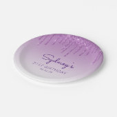 シックパープルグリッタードリップ21st誕生日パーティー ペーパープレート (アングル)