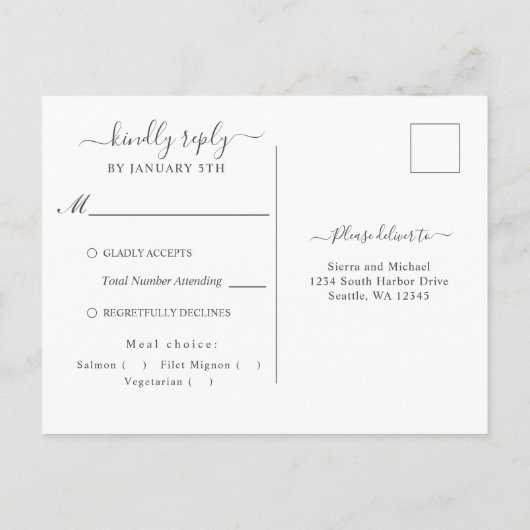 シックパープルシルバーフローラユーカリプトゥスウェディングRSVP ポストカード (裏面)