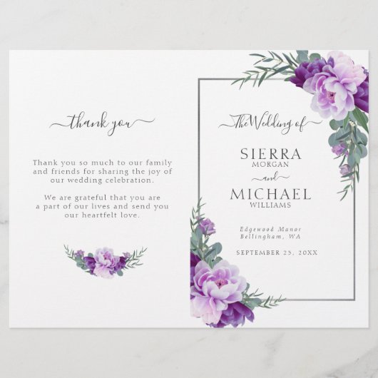 シックパープルシルバーフローラ折り畳み結婚式 プログラム (正面)