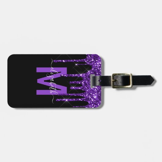 シックパープルドリッピンググリッターモノグラム名 ラゲッジタグ (正面横)