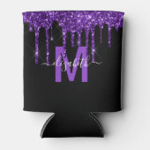シックパープルドリッピンググリッターモノグラム名 缶クーラー (正面)
