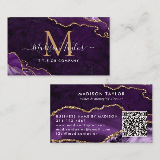 シックパープルバイオレット金ゴールドグリッターマーブルモノグラムQR 名刺 (正面/裏面)