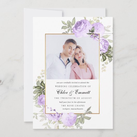 シックパープルバラ素朴フローラ結婚の写真 招待状 (正面)