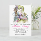 シックパープルピンクフローラガーデンチェアブライダルシャワー 招待状 (スタンド正面)