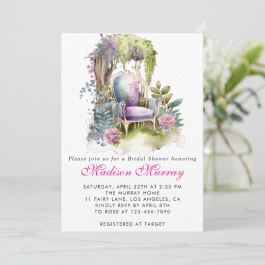 シックパープルピンクフローラガーデンチェアブライダルシャワー 招待状 (スタンド正面)