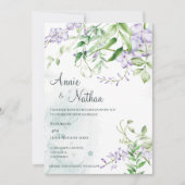 シックパープルフラワーグリーン離れフローラ結婚ズ 招待状 (正面)