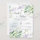 シックパープルフラワーグリーン離れフローラ結婚ズ 招待状 (正面)