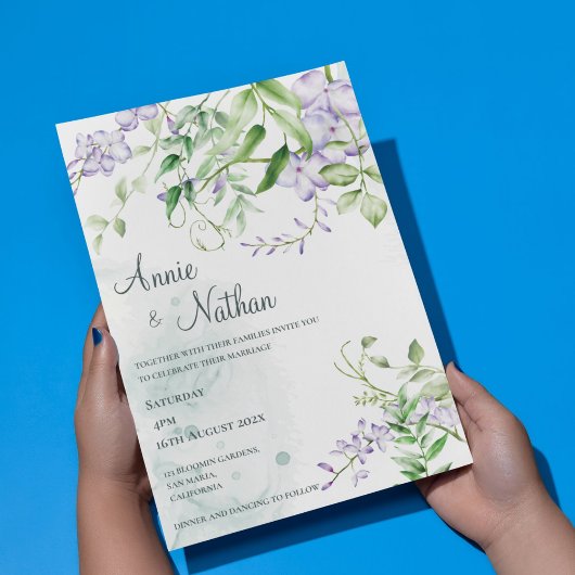 シックパープルフラワーグリーン離れフローラ結婚ズ 招待状