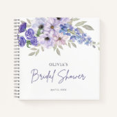 シックパープルフラワースクリプトブライダルシャワーゲスト ノートブック (正面)
