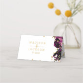 シックパープルフローラと金ゴールド紙吹雪テーブル番号 プレイスカード (裏面)