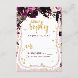 シックパープルフローラと金ゴールド結婚の返信RSVP 出欠カード