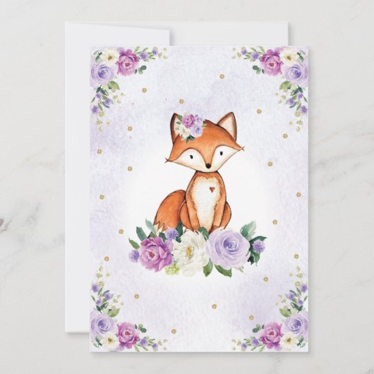 シックパープルフローラウッドランドキツネベビーガールシャワー 招待状 (裏面)