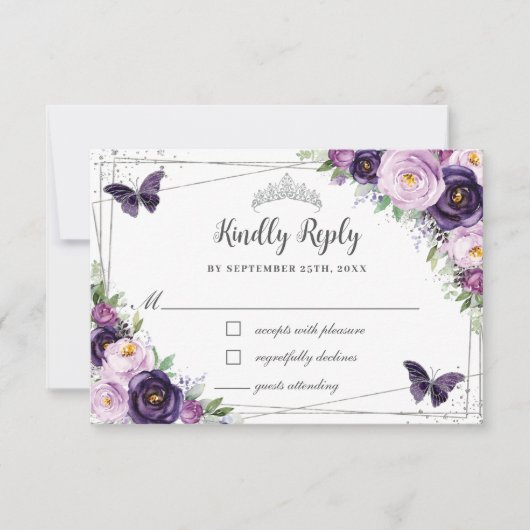 シックパープルフローラシルバーキンセニェラ蝶 出欠カード (正面)