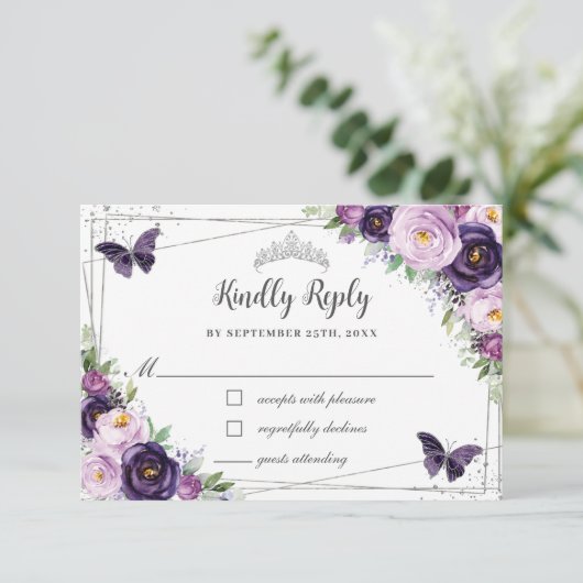 シックパープルフローラシルバーキンセニェラ蝶 出欠カード (スタンド正面)