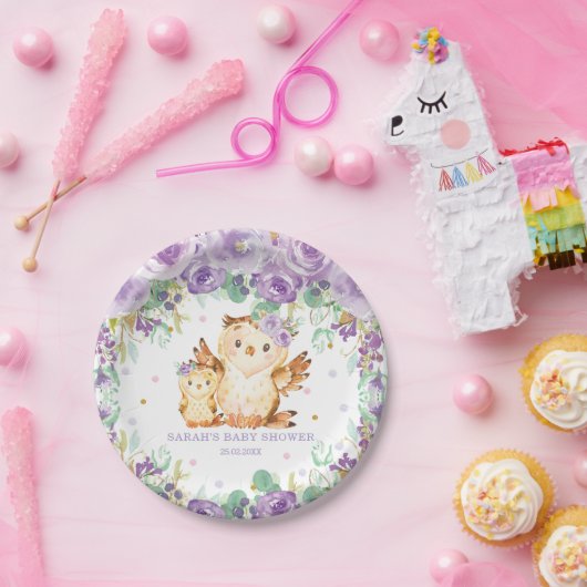 シックパープルフローラフクロウ赤ちゃんシャワーガール ペーパープレート (パーティー)