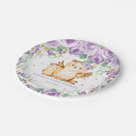 シックパープルフローラフクロウ赤ちゃんシャワーガール ペーパープレート (アングル)
