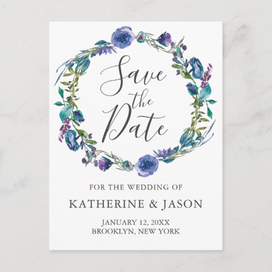 シックパープルフローラリース冬の日付を保存 ポストカード (正面)