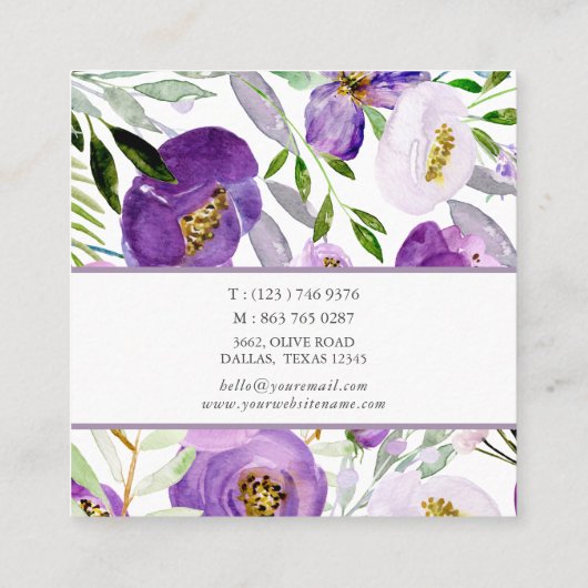 シックパープルフローラ自然エレガント編集可能スクエア スクエア名刺 (裏面)
