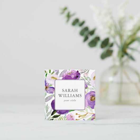 シックパープルフローラ自然エレガント編集可能スクエア スクエア名刺 (スタンド正面)