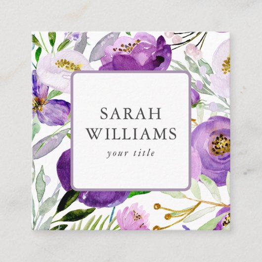 シックパープルフローラ自然エレガント編集可能スクエア スクエア名刺 (正面)