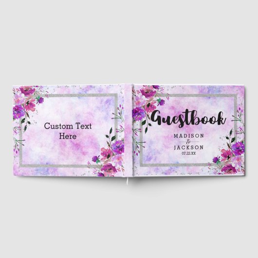 シックパープルフローラ&シルバーフレーム結婚ズモノグラム ゲストブック (全面)
