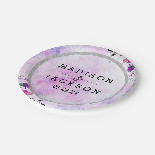 シックパープルフローラ&シルバーフレーム結婚ズモノグラム ペーパープレート (アングル)