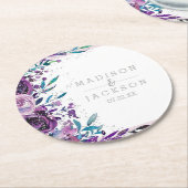シックパープルフローラ&シルバー結婚ズモノグラム ラウンドペーパーコースター (アングル)