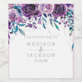 シックパープルフローラ&シルバー結婚ズモノグラム ワインラベル (シングルラベル)