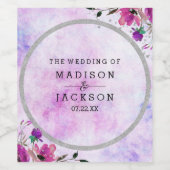 シックパープルフローラ&シルバー結婚ズモノグラム ワインラベル (シングルラベル)