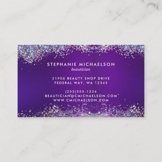 シックパープルホログラフィックグリッターヘア化粧サロン 名刺 (裏面)