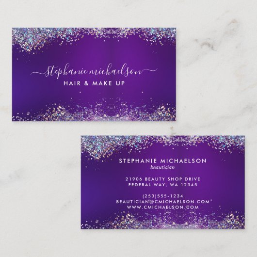 シックパープルホログラフィックグリッターヘア化粧サロン 名刺 (正面/裏面)