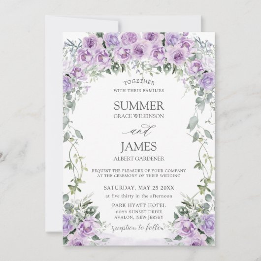 シックパープル薄紫バラフローラ庭園の結婚式 招待状 (正面)
