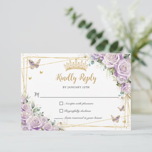 シックパープル薄紫バラフローラ金ゴールド15キンセアニラ 出欠カード (スタンド正面)