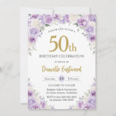 シックパープル薄紫ホワイトフローラ50th 60誕生日 招待状 (正面)