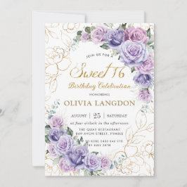 シックパープル薄紫ラベンダーバラズスウィート16誕生日 招待状