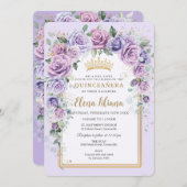 シックパープル薄紫ラベンダーフローラ金ゴールドキンセアニラ 招待状 (正面/裏面)