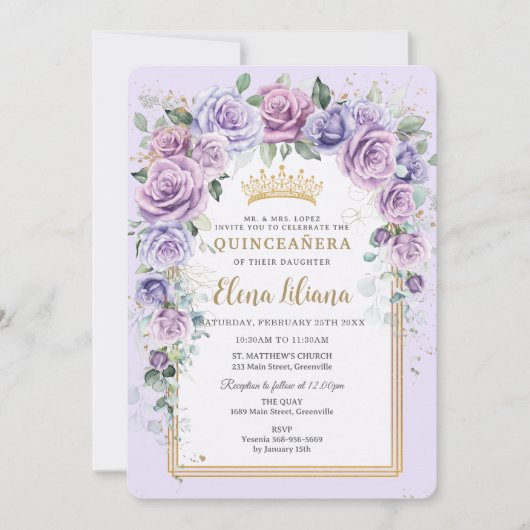 シックパープル薄紫ラベンダーフローラ金ゴールドキンセアニラ 招待状 (正面)