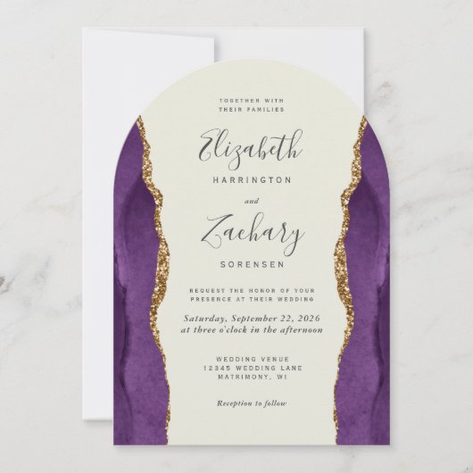シックパープル金ゴールドアゲートアーチアイボリー結婚ズ 招待状 (正面)