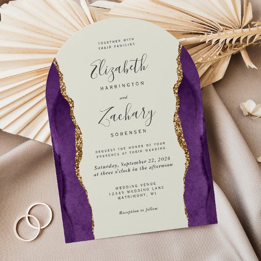 シックパープル金ゴールドアゲートアーチアイボリー結婚ズ 招待状