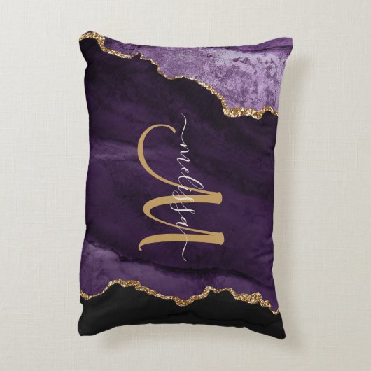 シックパープル金ゴールドグリッターアゲートカスタムモノグラム アクセントクッション (裏面(縦))