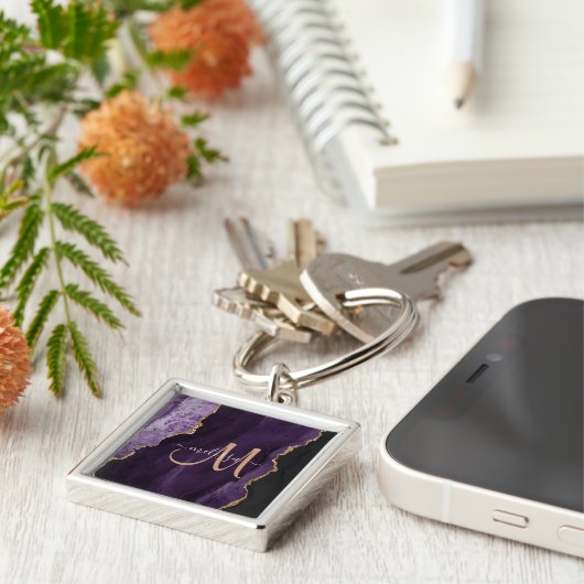 シックパープル金ゴールドグリッターアゲートカスタムモノグラム キーホルダー (側面)