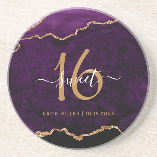シックパープル金ゴールドグリッターアゲートスウィート16パーティー コースター (正面)