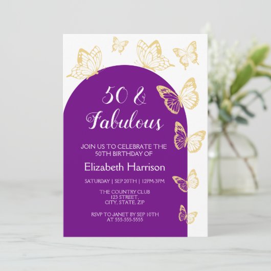 シックパープル金ゴールドバタフライファブラス誕生日 招待状 (スタンド正面)