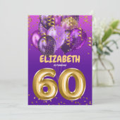 シックパープル金ゴールドバルーン60誕生日 招待状 (スタンド正面)